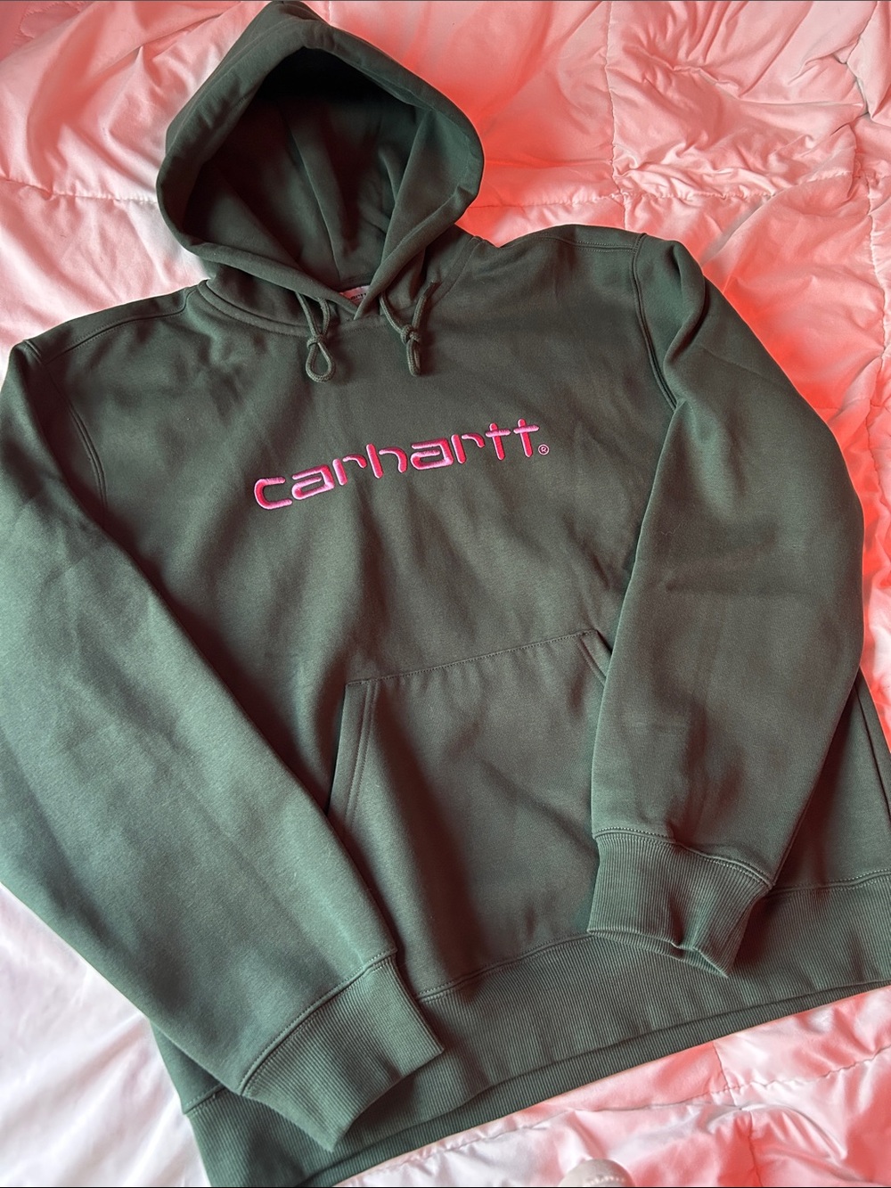 Carhartt Dark Green Hoodie with Pink Script Logo
